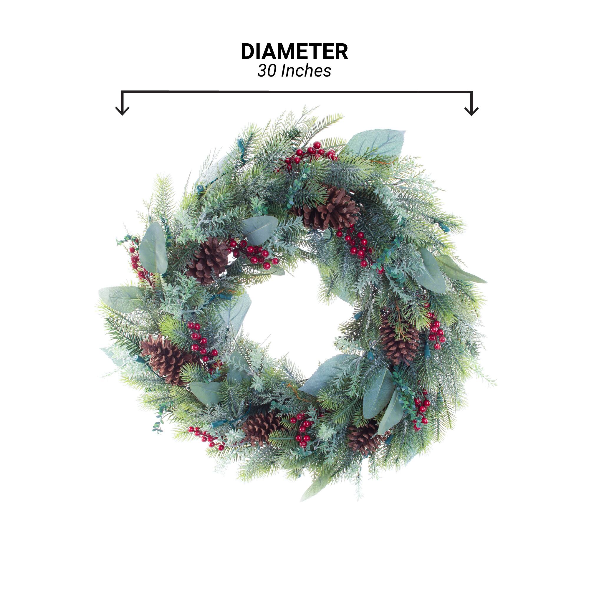 Village Lighting 30" Pre-Lit Winter Frost Christmas Wreath, Clear LED Lights